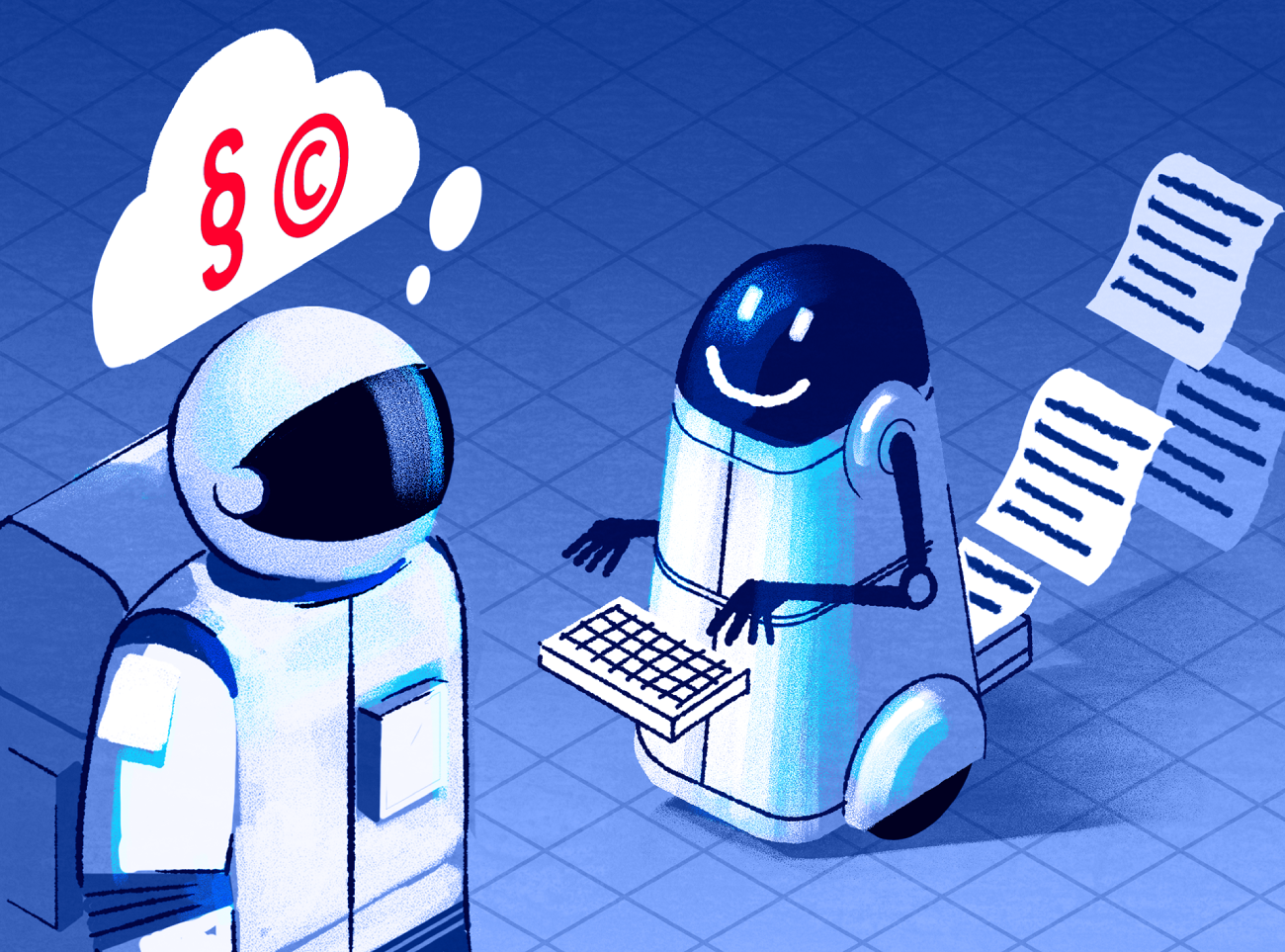 Illustration von einem Roboter, der gedruckte Texte produziert und mit einem Astronauten interagiert