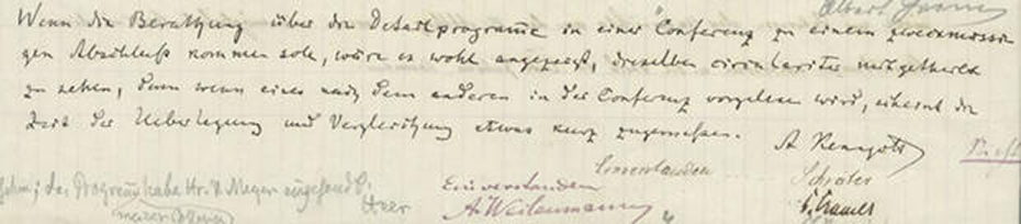 Kurzkommentar mit Unterschrift von Weilenmann unter einen Rundbrief 24. Mai 1887 von Professor Wilhelm Fiedler. ETH-Bibliothek, Hochschularchiv, Hs 87:1781.
