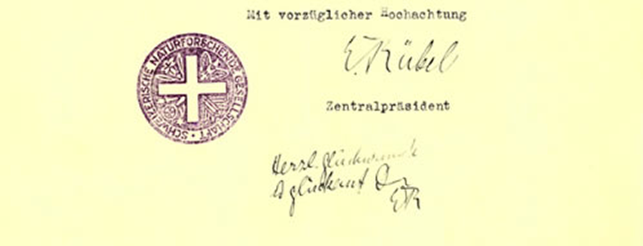 Rübel bestätigt, dass die Schweizerische Naturforschende Gesellschaft Arnold Heims Expedition nach Nepal im Jahre 1935 mit einem Betrag in der Höhe von CHF 10'000 unterstützt. Aus dem Nachlass Arnold Heim. ETH-Bibliothek, Hochschularchiv, Hs 495:2014.