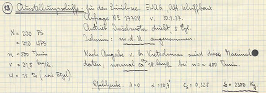 Schiffspropellerdaten für ein Schiff auf dem Zürichsee, Handschrift von Hans Gerber ETH-Bibliothek, Hochschularchiv,&nbsp; Hs 1161:115