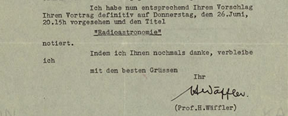 Bestätigung eines Vortrags von Professor Hermann Wäffler an Max Waldmeier, Physikprofessor an der ETH Zürich, 24. März 1952.&nbsp; ETH-Bibliothek, Hochschularchiv, Hs 1422a:4314.