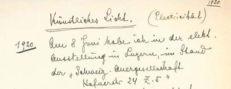Notizen, Zeitungsausschnitte und sonstige Informationen in kleinen, blauen Mappen. Künstliches Licht I, elektrisches Licht, 1920. ETH-Bibliothek, Hochschularchiv, Hs 1051:60.