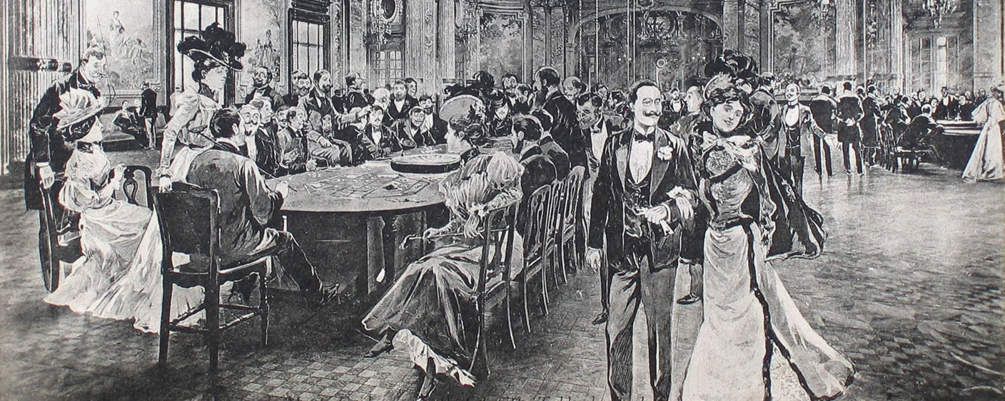 Altertümliche Illustration von einem Casino in Monaco. Es sind gut gekleidete Männer und Frauen sichtbar.
