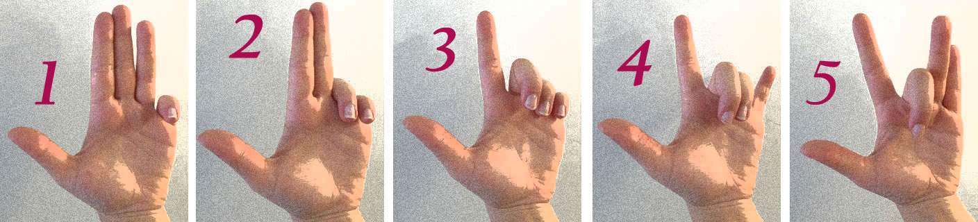 Finger, welche die Zahlen 1-5 in einer altertümlichen Fingerzählweise darstellen