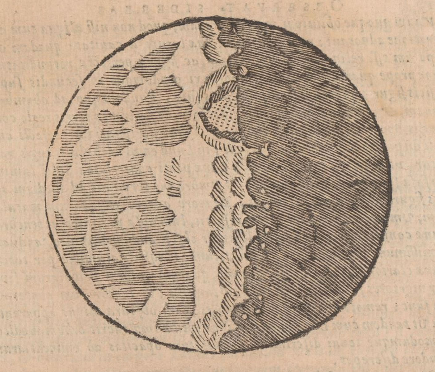 Sidereus nuncius Zeichnung von Galilei: Die Schattenzonen und die beleuchteten Bergspitzen nannte Galilei &quot;cuspidi&quot; (Hörner). Anhand der &quot;cuspidi&quot; erfand er eine Methode zur Höhenpeilung der Mondgebirge.&nbsp;Alte und Seltene Drucke. Rar_4432:1. e-rara.ch