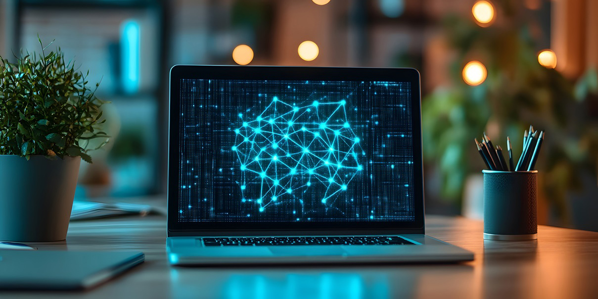 Notebook mit Symbol für Vernetzung auf dem Display