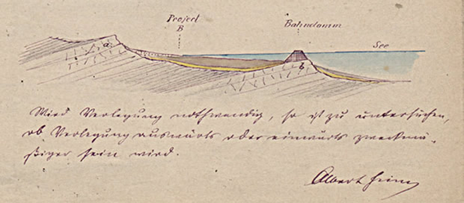 Excerpt from the &quot;Report on the Geological Conditions on Schirmsee&quot; compiled by Albert Heim on behalf of the Lake Zurich railway line in 1876 The ETH Library, University Archives , 31963 (Hs):34