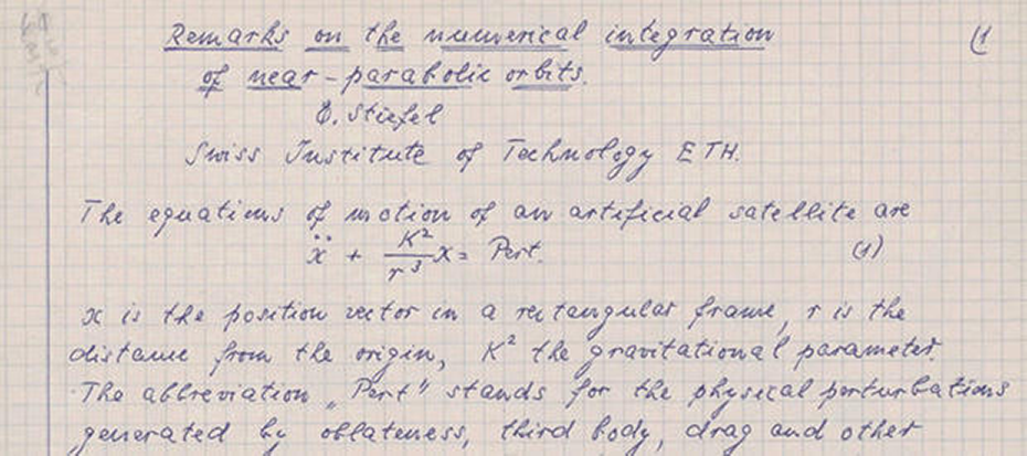 Handwritten version of a paper written by Eduard Stiefel on the numerical integration method for a certain form of planetary motion. Manuscript from the personal papers of &nbsp;Eduard Stiefel. The ETH Library, University Archives,&nbsp; Hs 385:186.