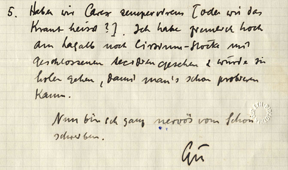 Handwritten communication from Ernst Gäumann to W. Koch, without date: &quot;5. Haben wir Carex sempervirens (oder wie das Kraut heisst?). [...]&nbsp;Nun bin ich ganz nervös vom Schön schreiben. Gäu&quot; The ETH Library, University Archives, Hs 411: 16