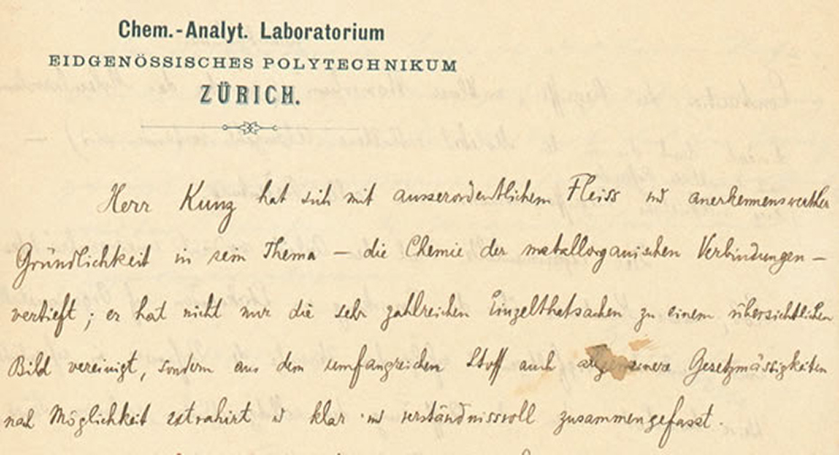 Extract from a report by Bamberger about the diploma thesis of Jakob Kunz , Julx 1897. The ETH Library,&nbsp; University Archives , Hs 1210:2.