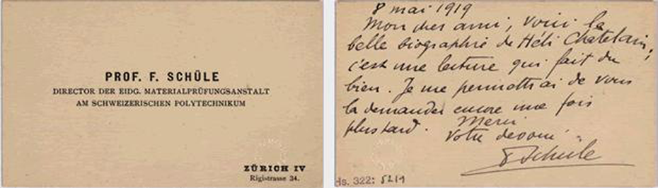 Business card from Schüle with a message to his friend Louis Rollier. The&nbsp; ETH Library,&nbsp; University Archives , Hs 322: 5219.