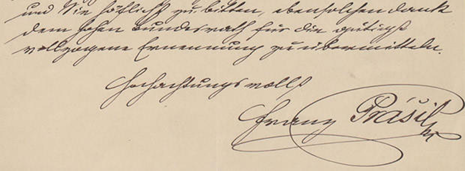Extract with signature from Prášil's letter of thanks to the President of the Swiss School Board on 14 February 1894 on the occasion of his election as Professor of Mechanical Engineering. The ETH Library, University Archives, SR3:1894. Nr. 90