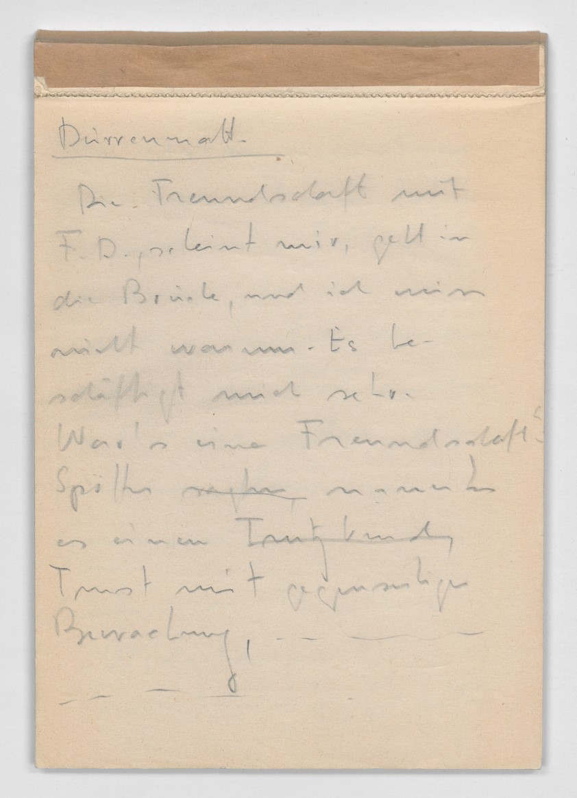 Max Frisch, note on Friedrich Dürrenmatt, undated (MF-A-N-21)