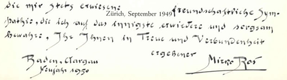 Farewell words from Prof. Dr. Mirko Roš on his retirement from research and teaching to Paul Niggli, Prof. for Mineralogy and Petrography at the ETH and University of Zurich, New Year 1950. The ETH Library, University Archives, Hs 392:715.