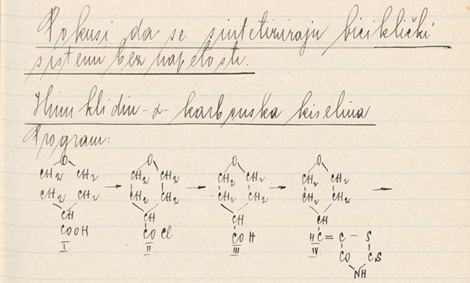 Extract from a laboratory journal by Vladimir Prelog. You can see his handwriting and structural formulas