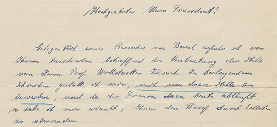 From Hermann Staudinger's application for the Chair for General Chemistry to the President of ETH Zurich, 3 March 1912. The ETH Library, University Archives, SR2:1912. Ad 442/22.