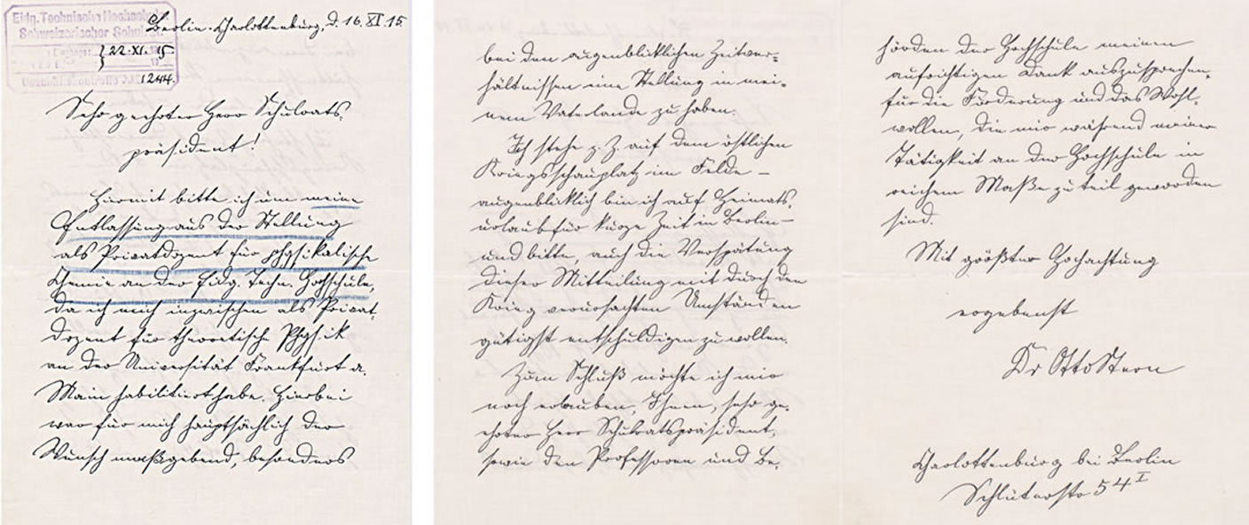 Otto Stern's letter of resignation to the President of the ETH Board on 16 November 1915. The ETH Library, University Archives,&nbsp; Hs 583:2.
