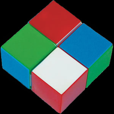 Farbiger, quadratischer Körper, bestehend aus vier farbigen Quadraten. Colorful square which is built of four smaller squares