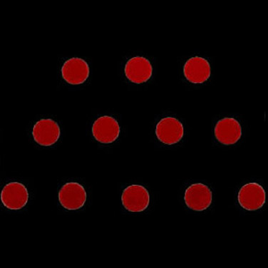 A black background with 12 red dots, which are arranged like an isosceles trapezium.