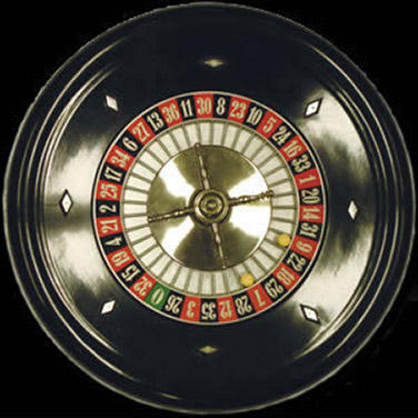A roulette wheel with alternating black and red fields, two fields have yellow balls