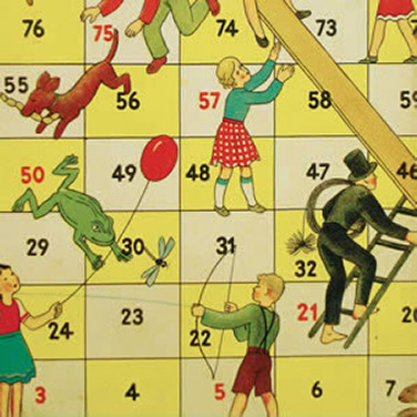 Numbered white and yellow fields with figures and ladders