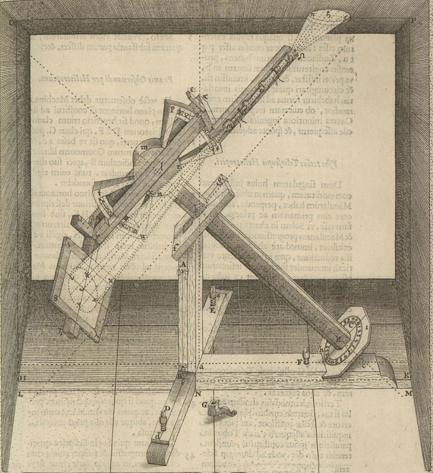Helioscope From the Rosa Ursina, by Christoph Scheiner, invented by Jesuit father Christoph Grienberger, with equatorial gear to observe the Sun and its spots. Rare Books. Rar_10152_GF. e-rara.ch