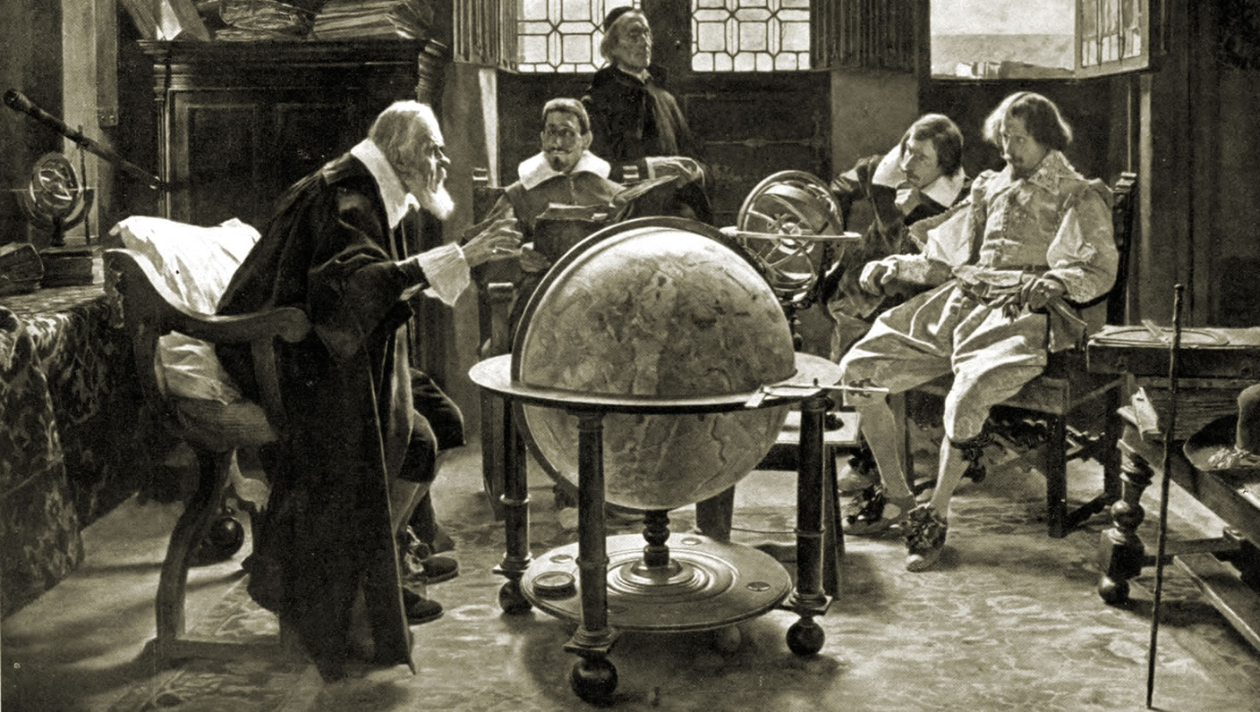 Galilei diskutiert mit Herren, in der Mitte steht ein Globus