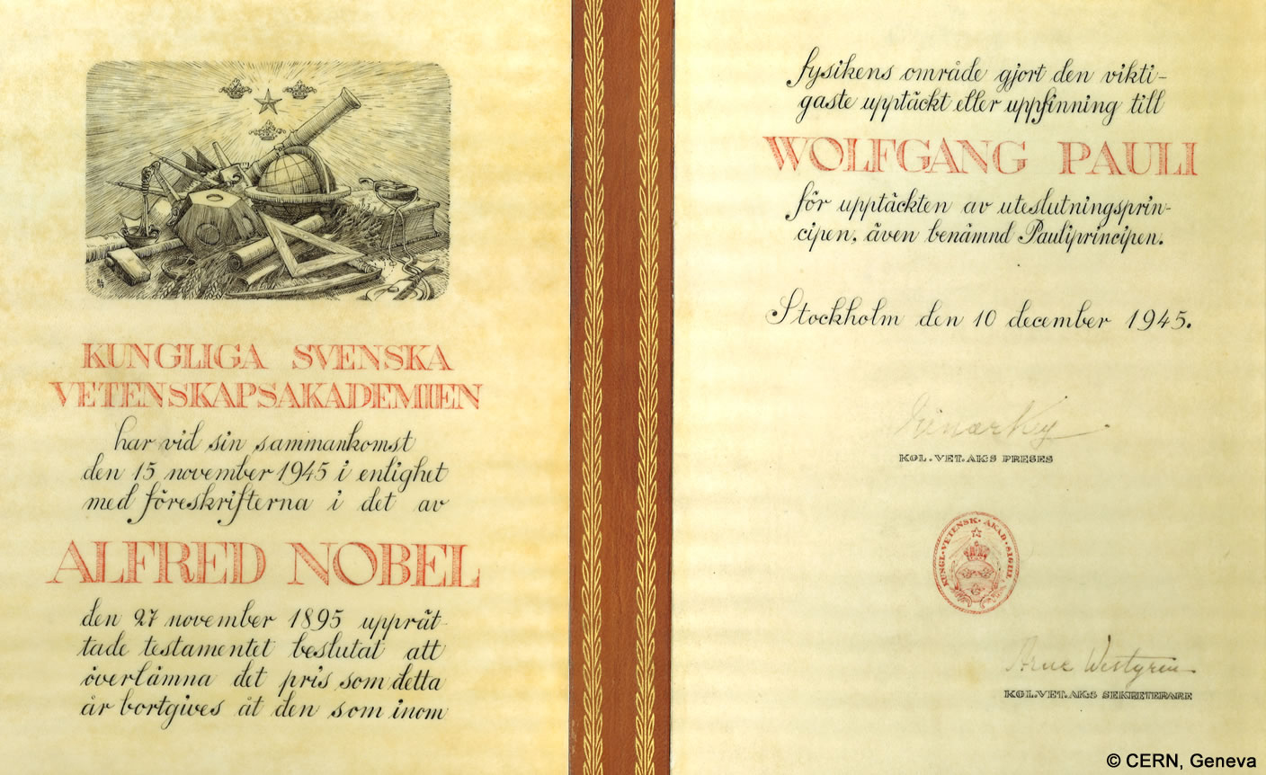 The Nobel Prize certificate of Wolfgang Pauli