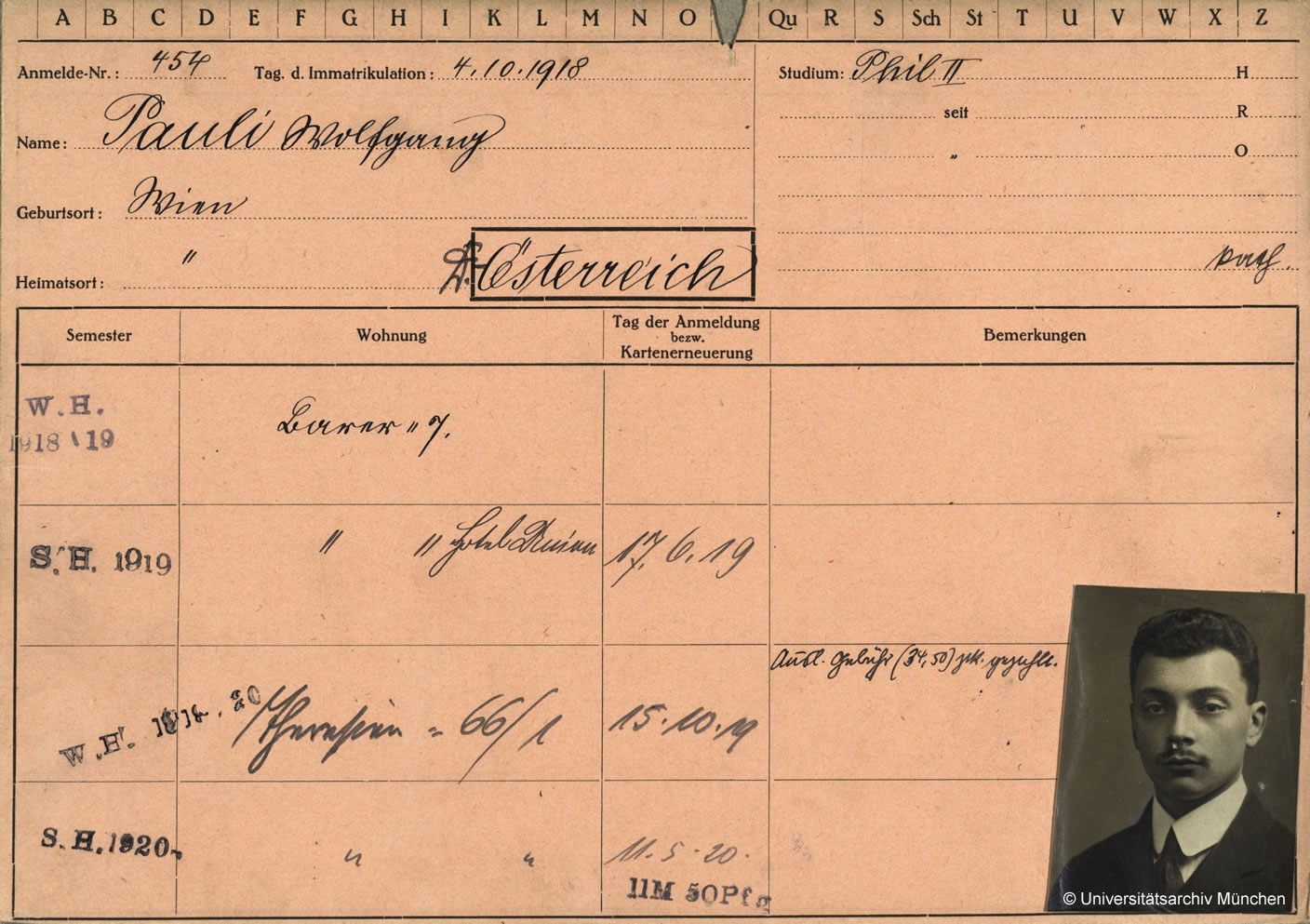 Data from Wolfgang Paulis student card of the University of Munich. In the lower right corner a small portrait of him is visible.