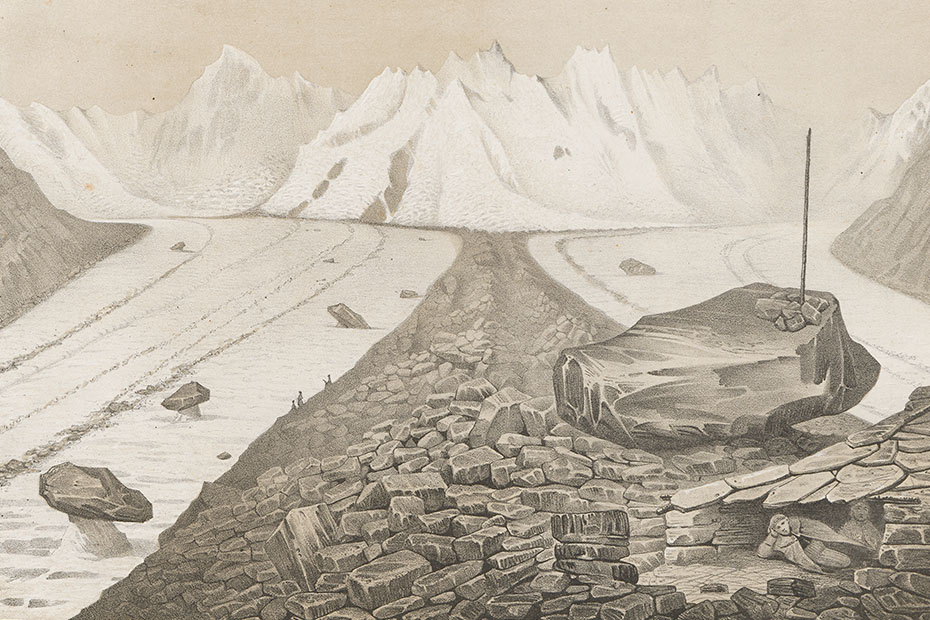 Unter-Aar-Gletscher. Oberer Theil mit der Hütte des Herrn Hugi. Tafel 14. Aus Louis Agassiz: Untersuchungen über die Gletscher. Solothurn, 1841. Rar 5772.