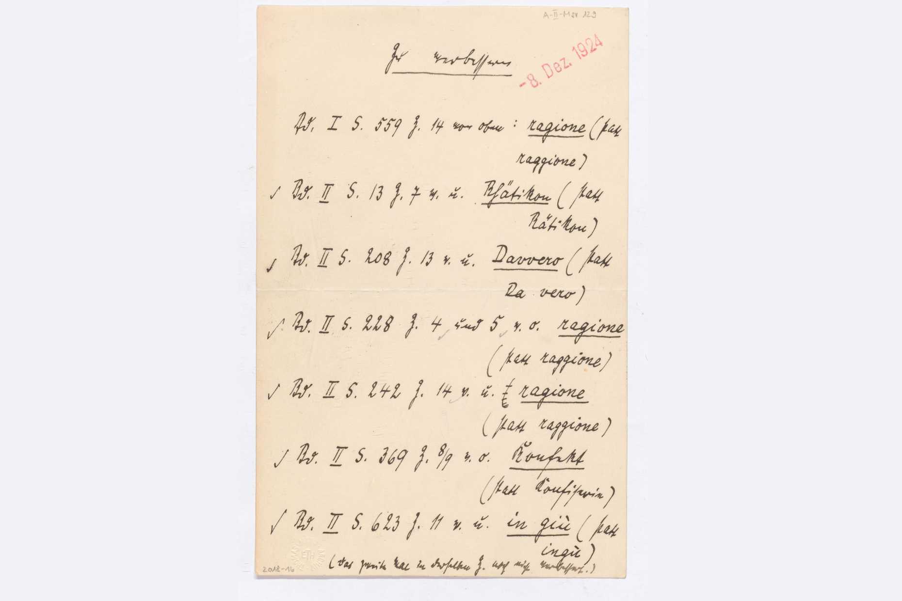 Liste mit Korrekturen zu «Der Zauberberg», 1924, A-II-Msv 129