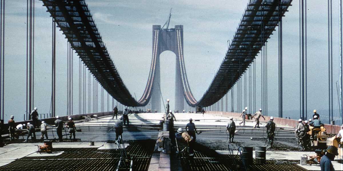 The Verrazzano-Narrows Bridge during construction in 1964