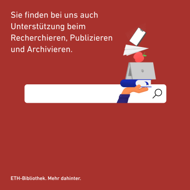 Imagekampangen-Bild mit Hand, die Bücher, Laptop, etc. schongliert und aus dem Suchfeld der ETH-Bibliothek herausragt