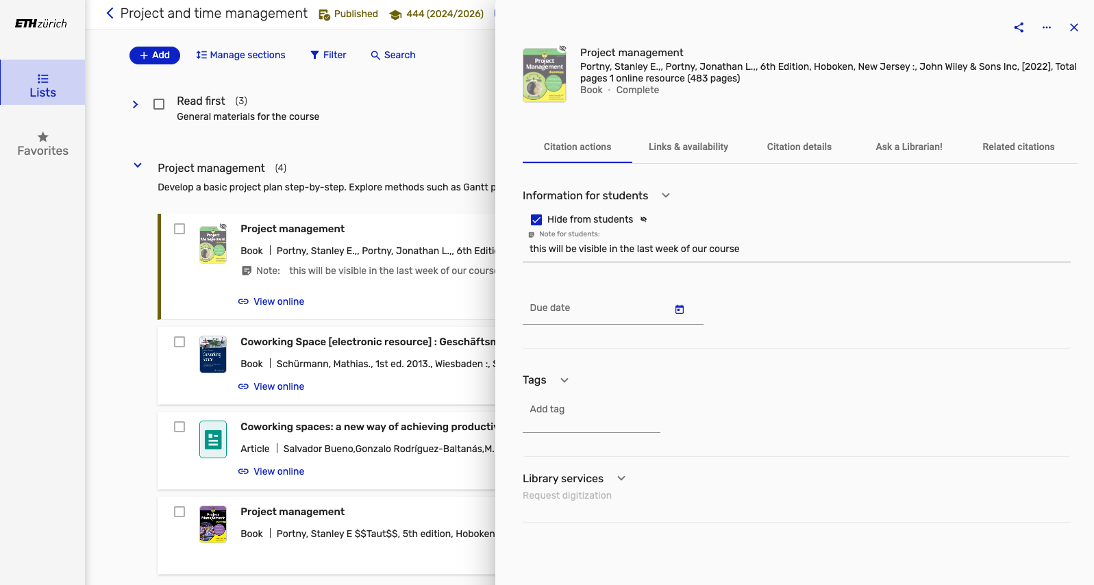 A screenshot of the Leganto platform, portraying the interface and a reading list.