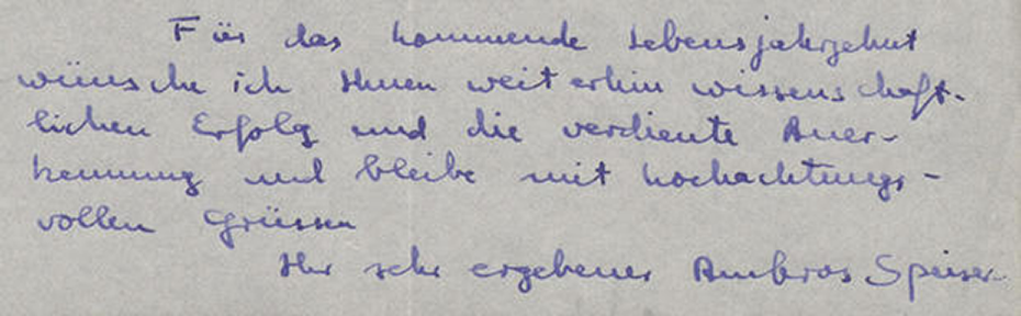 Aus einem Gratulationsbrief Speisers vom 16. Mai 1958 an Jakob Ackeret (1898–1981), Professor für Aerodynamik an der ETH Zürich, zu dessen 60. Geburtstag. ETH-Bibliothek, Hochschularchiv, Hs 563:864.
