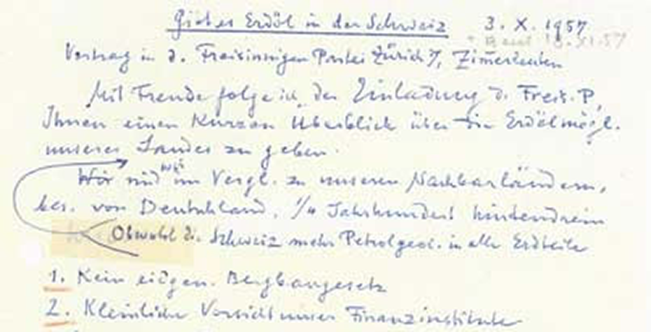 Vortrag &quot;Gibt es Erdöl in der Schweiz?&quot; an Freisinnige Partei Zürich, gehalten am 3.10.1957. ETH-Bibliothek, Hochschularchiv, Hs 494:5.