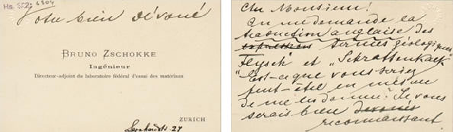 Undatierte Mitteilung auf einer Visitenkarte an den Geologen Louis Rollier aus dessen Nachlass (vermutlich 1899). ETH-Bibliothek, Hochschularchiv, Hs 322:6304.&nbsp;