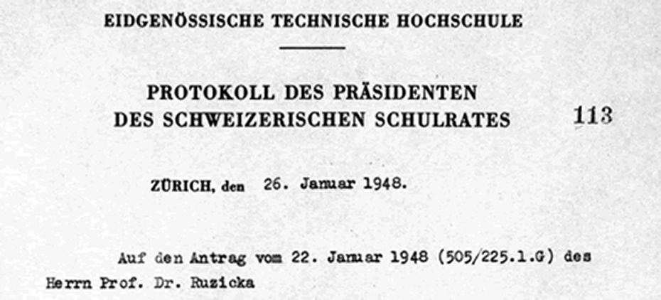 Ernennung von Emil Hardegger zum Assistenten von Prof. Ruzicka im Jahre 1948. ETH-Bibliothek, Hochschularchiv, SR2: Präsidialverfügungen 1948, Präsidialverfügung Nr. 113 vom 26. Januar 1948.