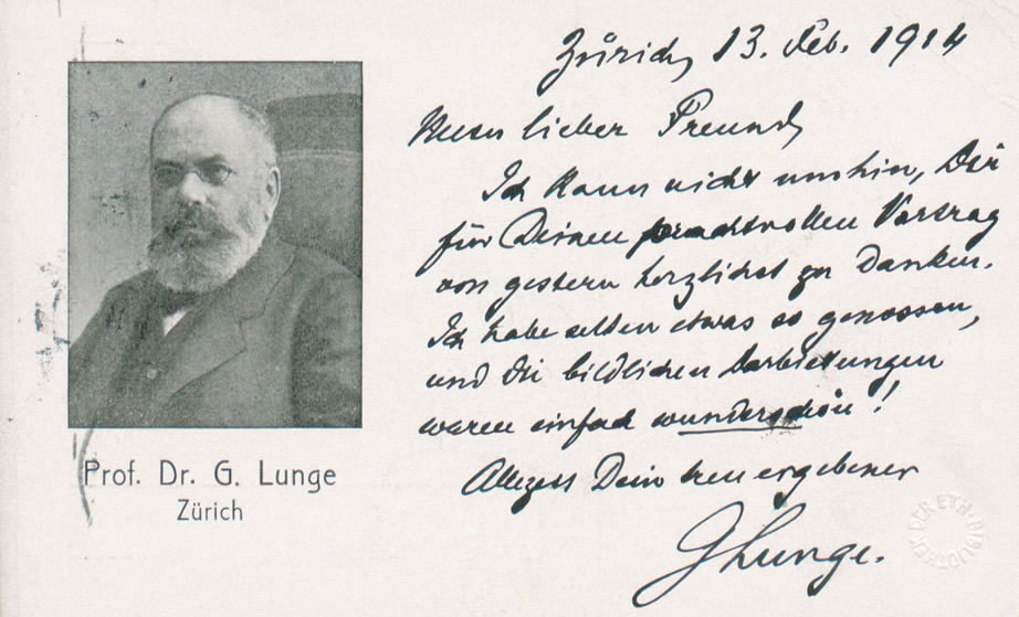 Dankesschreiben Georg Lunges an den Botanikprofessor Karl Schröter vom 13. Februar 1914  ETH-Bibliothek Zürich, Hochschularchiv der ETH Zürich, Hs 399:790
