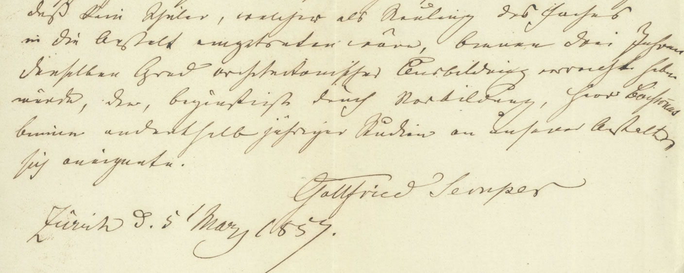 Brief Gottfried Sempers vom 5. März 1857 an den ersten Direktor des Polytechnikums, Josef Wolfgang Deschwanden. ETH-Bibliothek, Hochschularchiv, Hs 1231: 569.