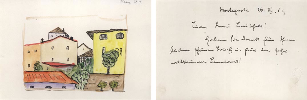 Links: eine Zeichnung von bunten Häusern und Bäumen. Rechts eine handschriftliche Notiz