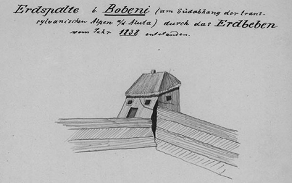 Zeichnung einer gebrochenen Erdkruste, darauf steht ein zerbrechliches Haus. Darüber steht: Erdspalte b. Bobeni (am Südabhang der transsylvanischen Alpen [...]) durch das Erdbeben vom Jahr 1838 entstanden."