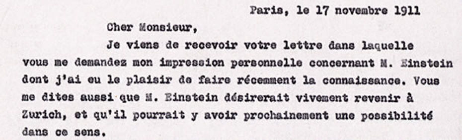 Ausschnitt aus einer Abschrift des Briefes von Marie Curie mit der Beurteilung Albert Einsteins an Pierre Weiss (1865–1940), Physikprofessor der ETH, 17. Nov. 1911 ETH-Bibliothek, Hochschularchiv, Hs 304:1101
