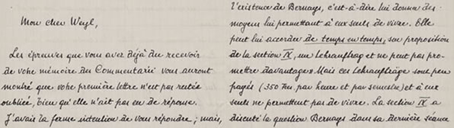Michel Plancherel an Hermann Weyl, Zürich, 3. Juni 1935. Im Brief geht es um eine mögliche Unterstützung für den in den USA weilenden Mathematiker Paul Bernays. ETH-Bibliothek, Hochschularchiv, Hs 91:413 &nbsp;
