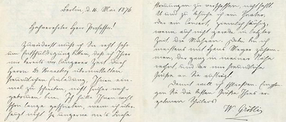 Brief von Walter Gröbli an seinen ehemaligen Lehrer Wilhelm Fiedler aus Berlin, 16. Mai 1876 ETH-Bibliothek, Hochschularchiv, Hs 82:298