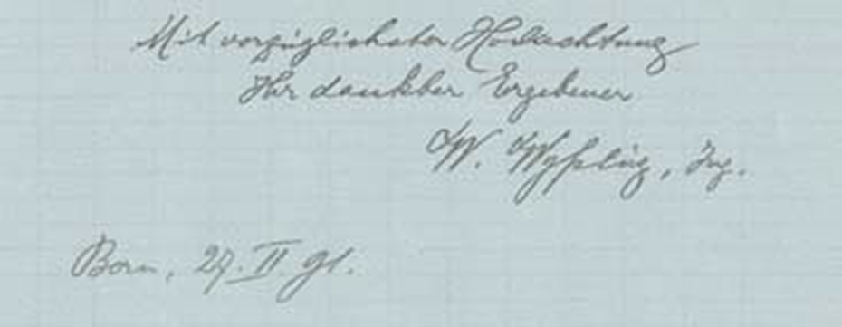 Brief von Walter Wyssling an den Direktor der Schweizerischen Locomotiv- &amp; Maschinenfabrik Winterthur vom 29. Februar 1891, in dem er seine Kündigung als Chefingenieur einreicht. ETH-Bibliothek, Hochschularchiv, Hs 561:39.