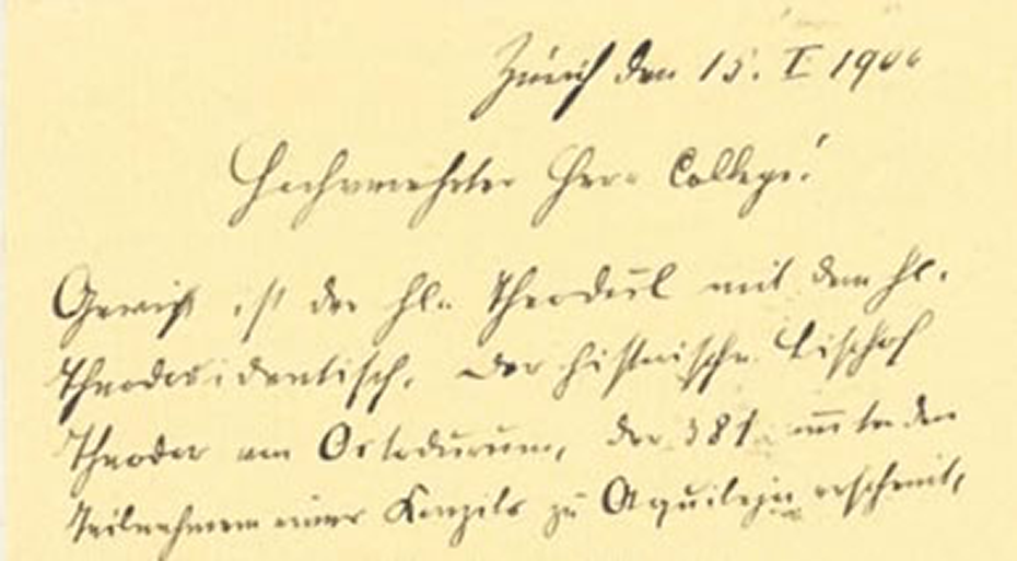 Postkarte von Wilhelm Oechsli an Carl Schröter, Zürich, 15. I. 1904 aus dem Nachlass Carl Schröter, 1855–1939, Prof. für Botanik an der ETH Zürich. ETH-Bibliothek, Hochschularchiv, Hs 399:910