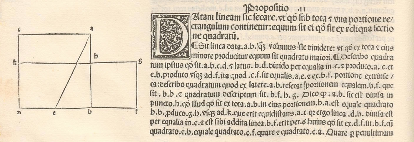 Ausschnitt aus Euklids "Elementen". Links befindet sich eine geometrische Konstruktion, rechts ein altertümlich verfasster, lateinischer Text